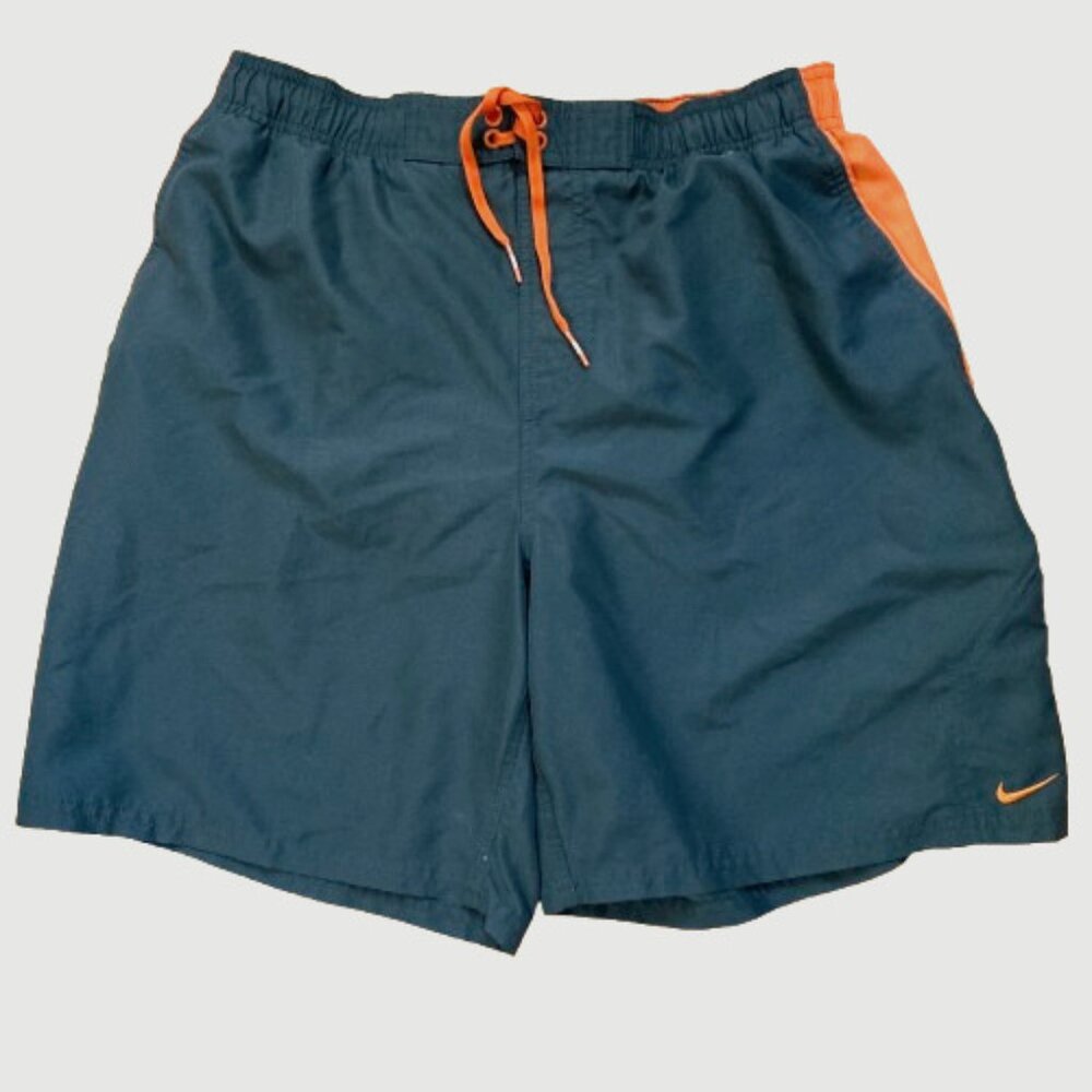 Nike Men's Swim Shorts Size Large Dark Gray with Orange Trim Pockets Mesh Liner
